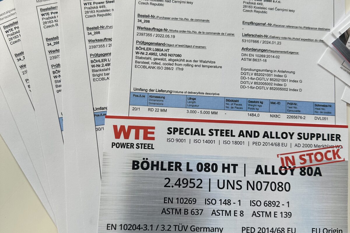 Stock photo of certified Nimonic 80A (2.4952 / Alloy 80A) round bars supplied by Böhler. WTE PowerSteel stocks nickel alloys for aerospace, gas turbines, nuclear, power generation and high-temperature industrial applications. Material available with full traceability and EN 10204 3.1 certification.