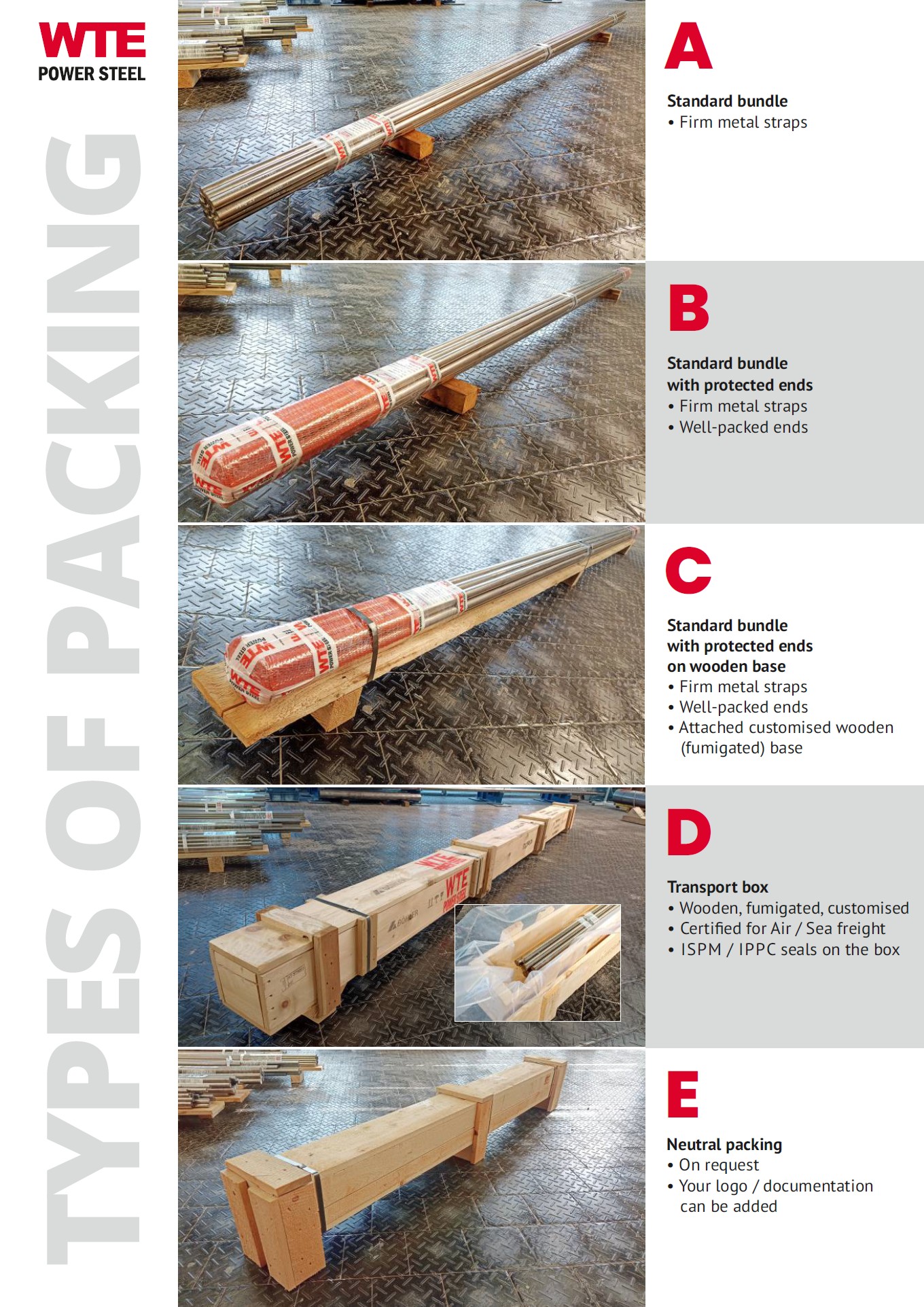 Export packaging options for round bars, forged bars and special steel products by WTE PowerSteel